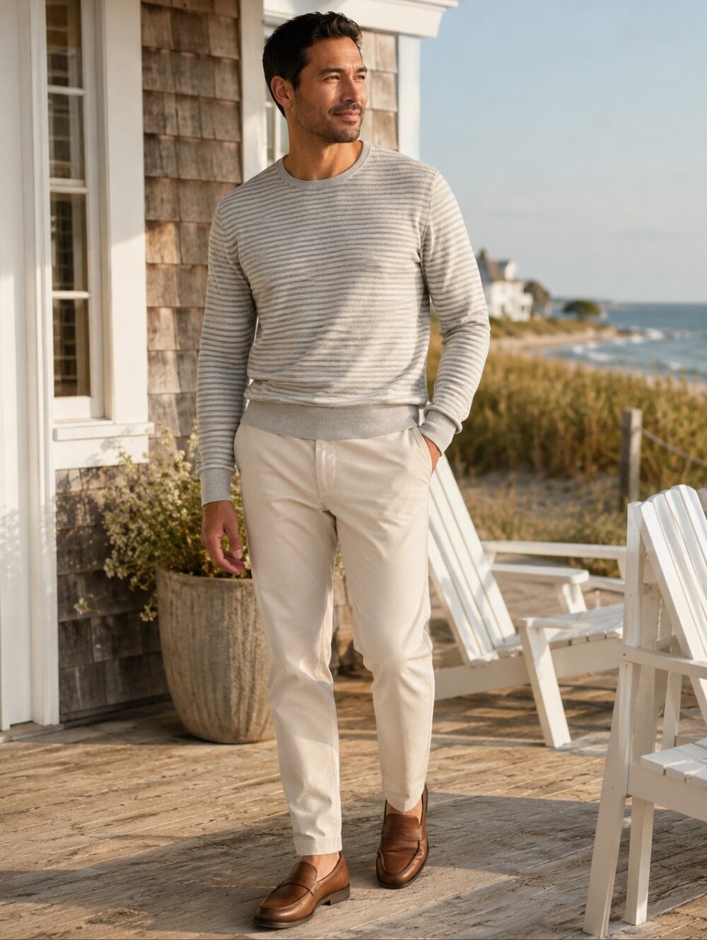 J.Crew Harbor Cotton Merino Striped Crewneck Sweater Gray M